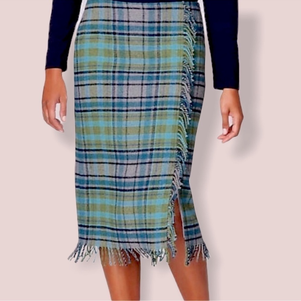 J. Jill Green Plaid Wool Blend Fringed Pencil Skirt